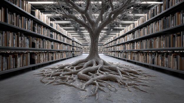 Bookshelf tree roots interior photo