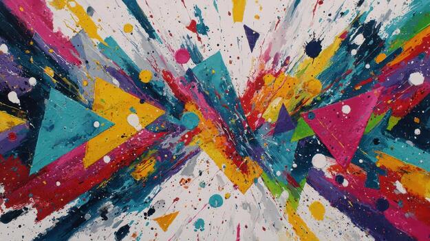a colorful abstract painting with many triangles photo
