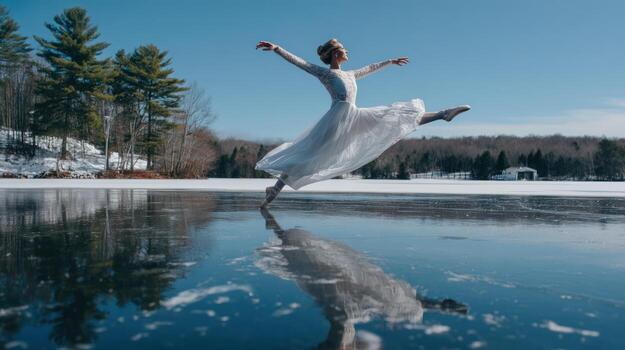 Graceful ballet dancer leaping on frozen lake photo
