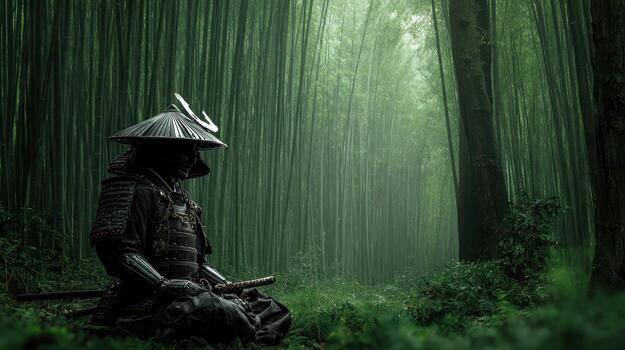 Samurai meditation in bamboo forest photo
