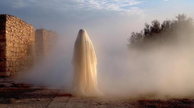 Mysterious figure in foggy landscape photo