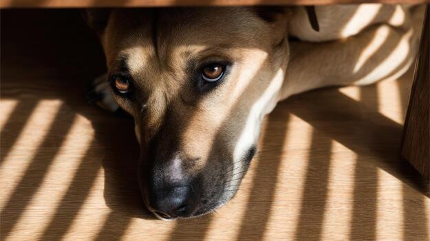 Dog resting indoors with striped sunlight pattern creating shadows on fur photo