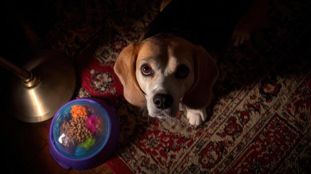 Alert beagle dog looks up beside toy illuminated by lamp light photo