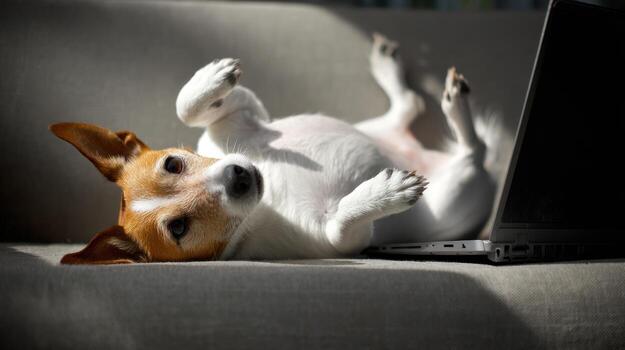 Relaxed dog resting near laptop computer in sunlight photo