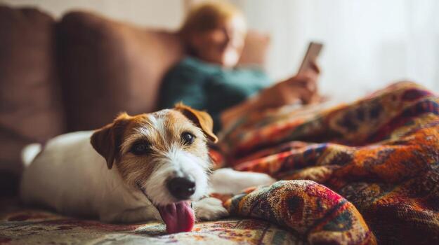 Dog relaxing on sofa near person using mobile phone indoors photo