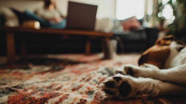 Dog resting on patterned rug near a person working on a laptop computer photo