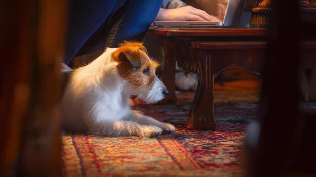 Dog sits near person using laptop on a table indoors photo