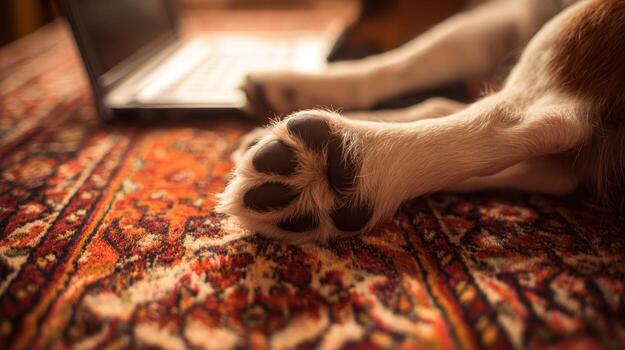 Dog paws resting near laptop computer on patterned rug indoors photo