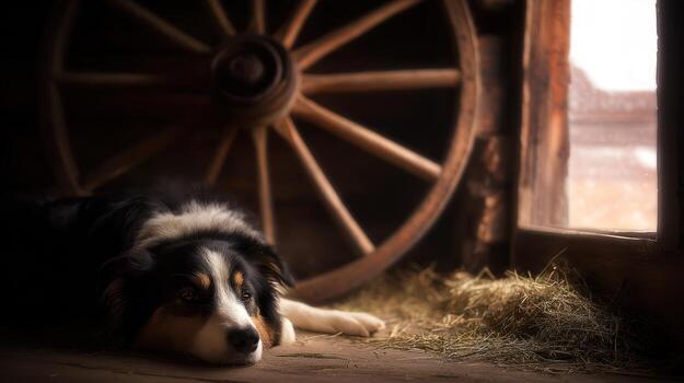 Tricolor dog rests near wooden wagon wheel and window in rustic setting photo