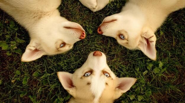 Overhead view of three friendly dogs with blue eyes looking upwards in a green grassy setting photo