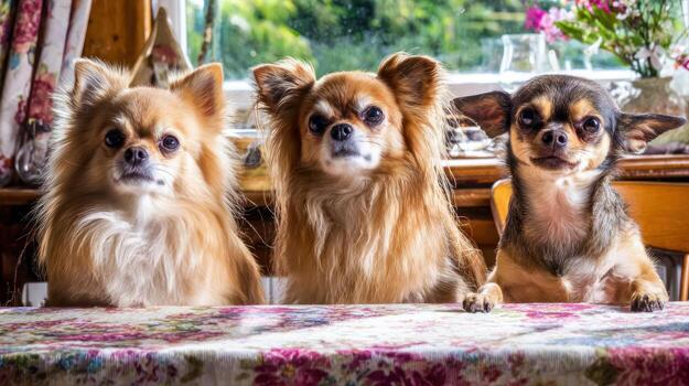 Three chihuahua dogs posing indoors on a tabletop with floral pattern photo