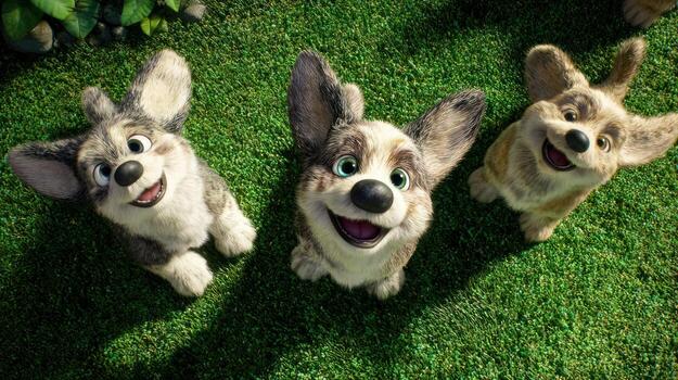 Three animated corgi puppies on green grass looking upwards photo