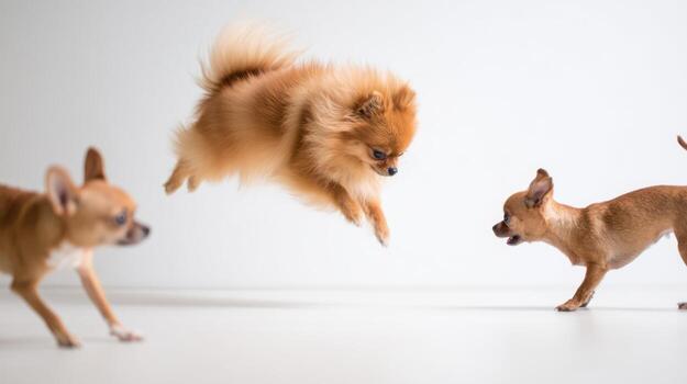 Playful dogs jumping in mid air against a plain background for various uses photo