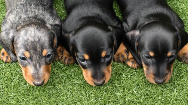Three dachshund puppies lying on green grass overhead view photo