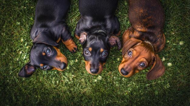 Three dachshund puppies lying on green grass in overhead view photo