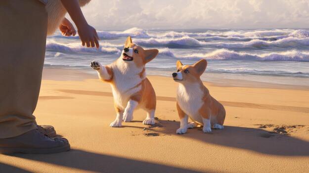 Two corgi dogs enjoy a beach day near ocean playful interaction sunny scene photo
