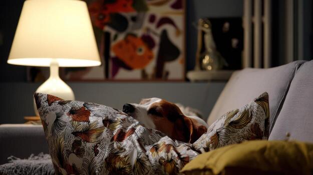 Cozy interior scene with dog resting on a sofa near a glowing lamp photo