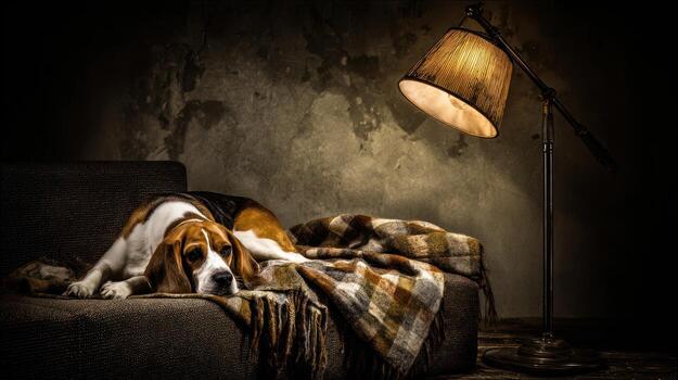 Beagle dog relaxing under a lamp on a sofa in a dimly lit room photo