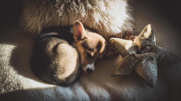 Sleeping corgi puppy with toy star illuminated by warm sunlight photo