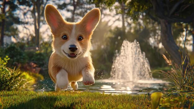 energético corgi perrito corriendo hacia cámara con alegre expresión foto