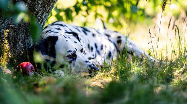 Dalmatian dog resting under a tree in sunlight with a red apple photo