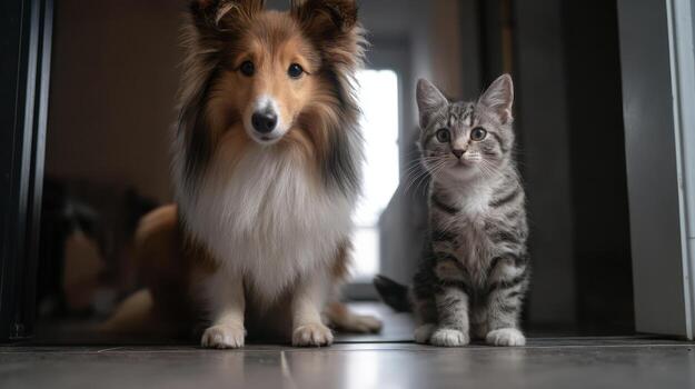 Dog and cat sitting together indoors facing the camera neutral composition photo