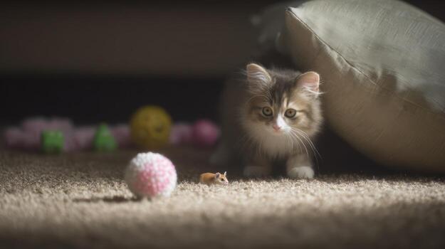 Playful kitten with fluffy fur sitting near toy mouse under soft sunlight photo
