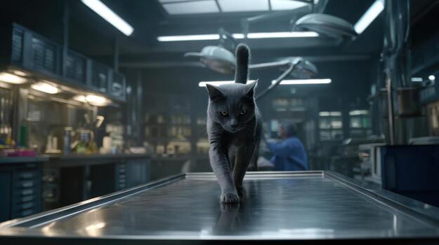 Grey cat walking on a table indoors with scientific equipment in background photo