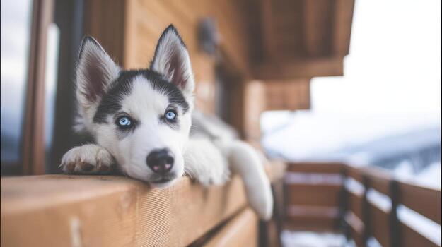 Husky puppy resting on a wooden structure with bright blue eyes and fluffy fur photo