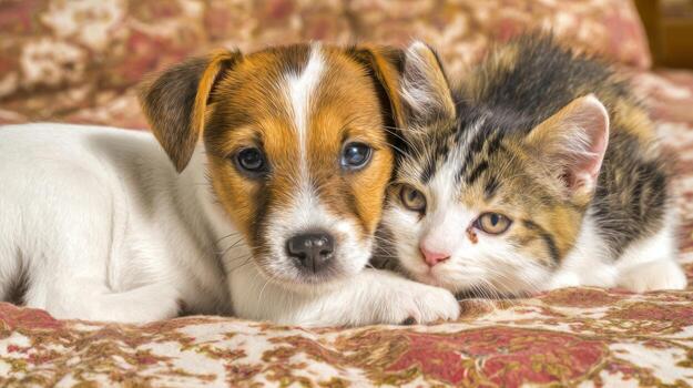 Friendly puppy and kitten resting together indoors on a patterned surface photo