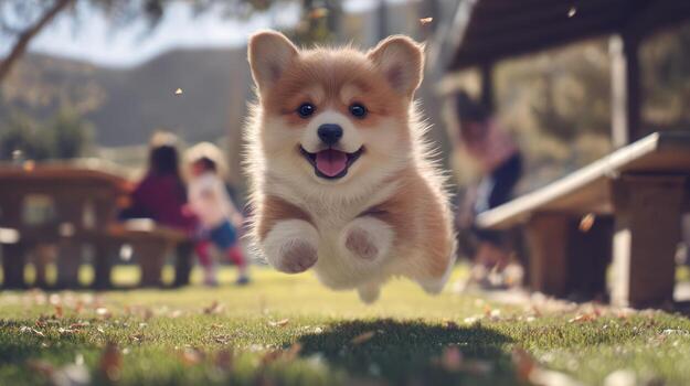 contento corgi perrito saltando en un soleado parque ambiente foto