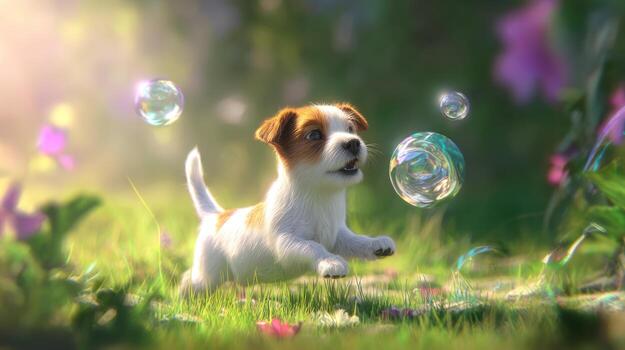 Playful puppy in a garden with bubbles and sunlight photo