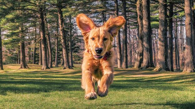 Golden retriever dog running through green field with trees photo