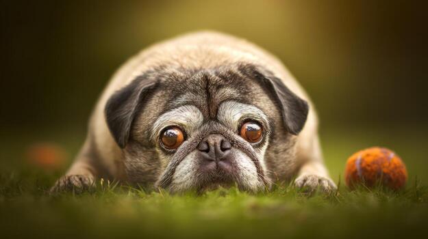 Curious pug dog lying on grass looking toward the camera photo
