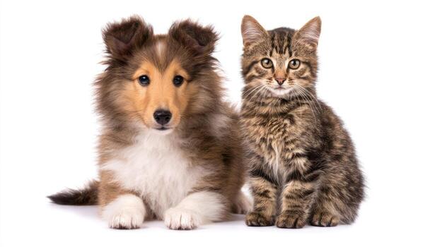 Dog and cat sitting together on a white background in a studio setting photo