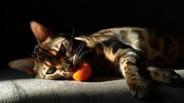 Cat relaxing with a small orange toy in soft sunlight photo