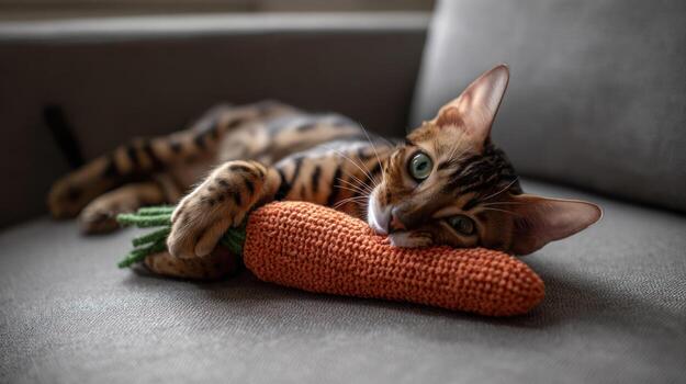 Bengal cat resting on a sofa with a knitted carrot toy in natural light photo