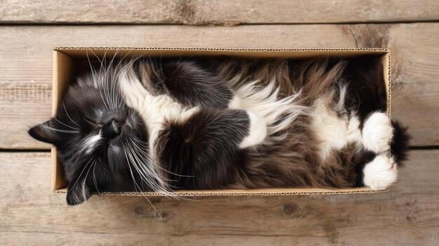 Black and white cat relaxing comfortably inside a cardboard box photo