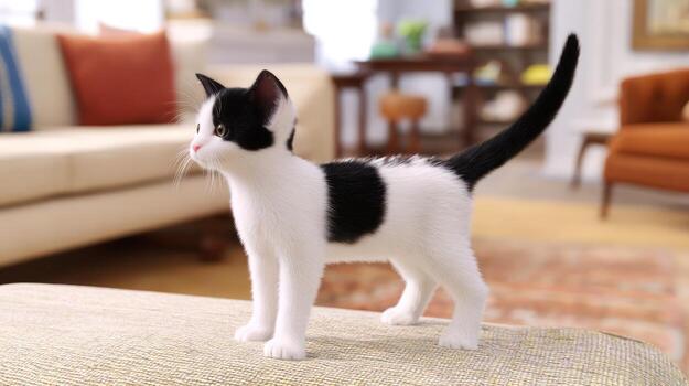 Playful kitten standing with tail raised in a brightly lit living room setting photo