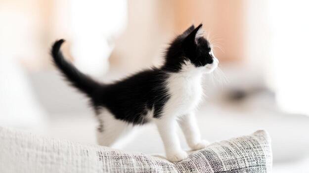 Adorable kitten with black and white fur stands on a textured surface photo