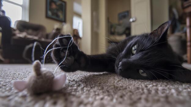 Black cat playing with toy on a carpeted floor indoor daytime scene photo