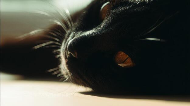 Close up of a black cat resting in sunlight with focus on its face photo