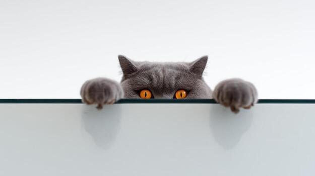 Curious gray cat peeking over a white surface with orange eyes close up photo
