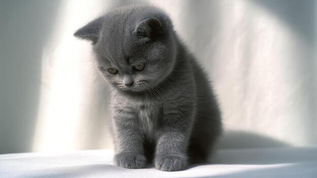 Grey kitten sitting looking down against a white backdrop with soft lighting photo