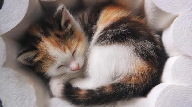 Sleeping kitten nestled in soft white material providing comfort and warmth photo