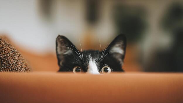 Curious black and white cat peeking over a blurred surface photo