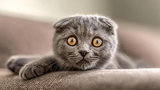 Adorable gray cat with bright yellow eyes relaxing on a soft surface photo