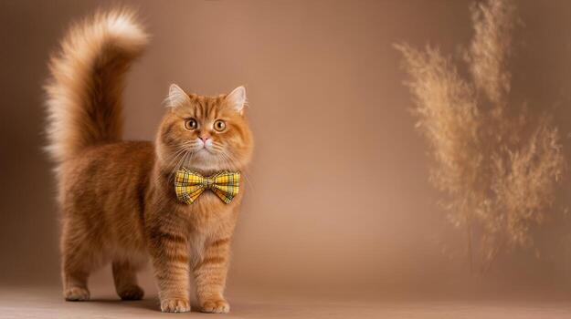 Ginger cat wearing bow tie posing against neutral brown background photo