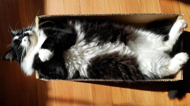 Black and white cat resting inside cardboard box with sunlight photo