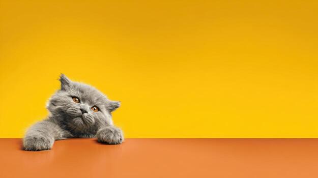 Curious grey kitten resting on a table with orange and yellow background photo